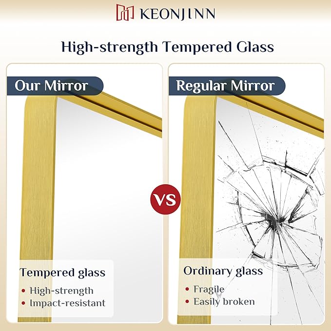 Keonjinn Gold Mirrors for Wall, 60” x 36” Large Brushed Brass Bathroom Mirrors for Over Sink, Rounded Rectangle Farmhouse Vanity Mirror, HD Tempered Glass Modern Decorative Mirror(Horizontal/Vertical)