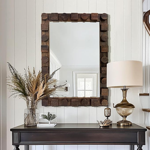 28x20 Inch Handcrafted Solid Wood Square Wall Mirror with Geometric Wood Inlay Design, Rustic Natural Texture for Bathroom, Bedroom, Living Room Decor