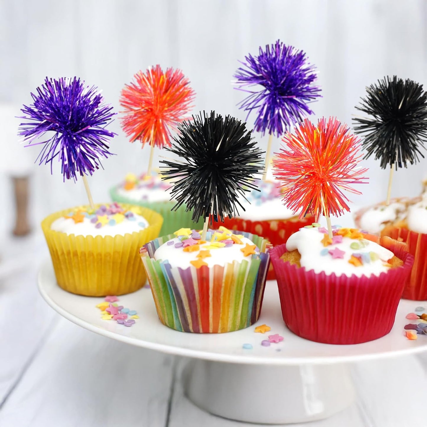 Gyufise 30Pcs Foil Firework Cupcake Toppers Sparkle Tinsel Cake Toppers Tinsel Drink Cake Decoration Cocktail Picks for Halloween Birthday Wedding Graduation Party Supplies Purple Black Orange