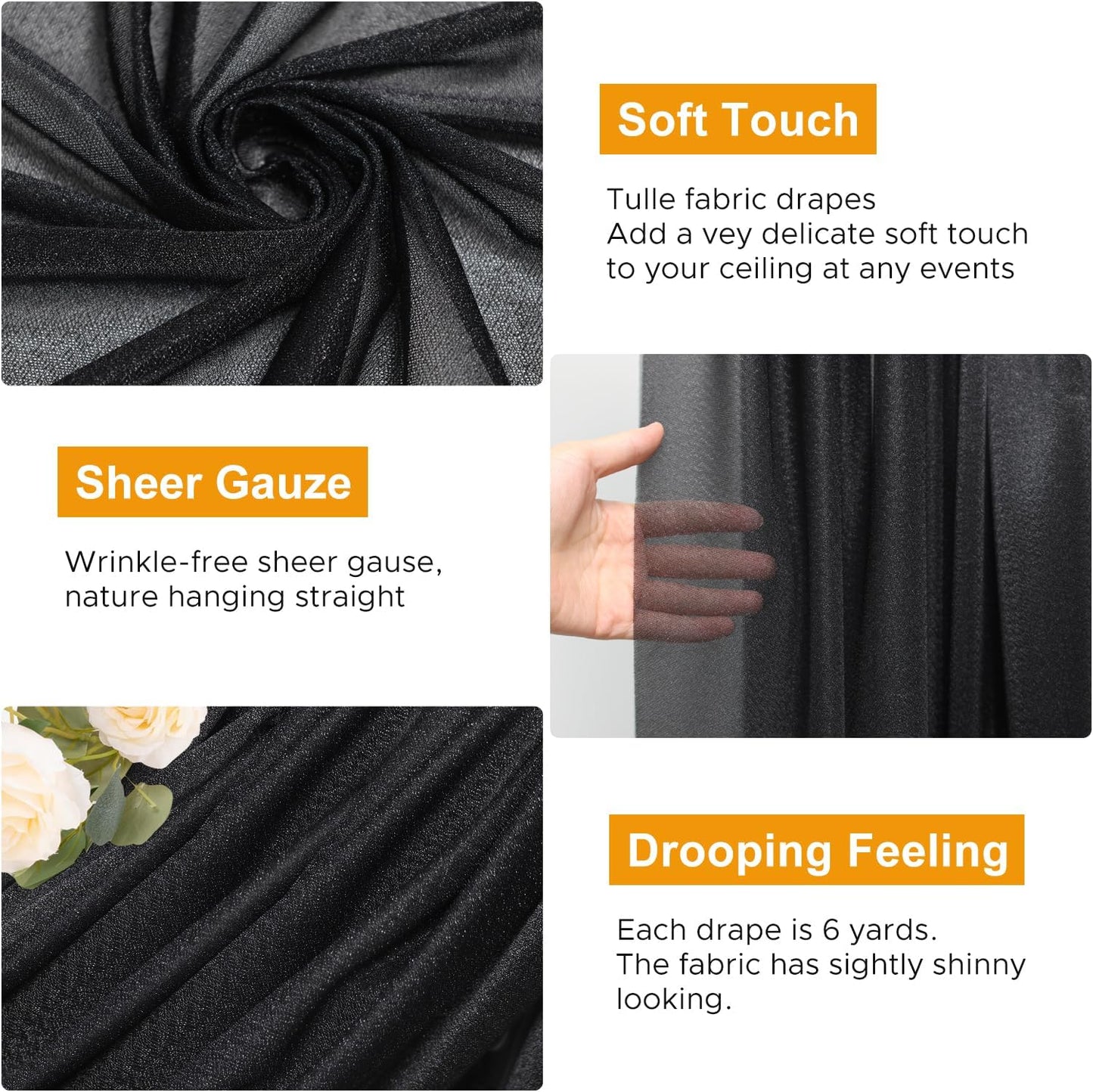 Wedding Arch Draping Fabric 2 Panels 28.7" x 20FT Black Sheer Chiffon Backdrop Drapes for Wedding Ceremony Birthday Party Bridal Shower Outdoor Decoration
