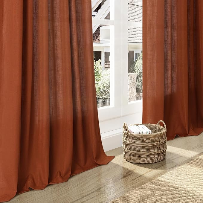 Nanspring Linen Blend Terracotta Curtains 100 inches Long 2 Panel Back Tab Rod - Image 6