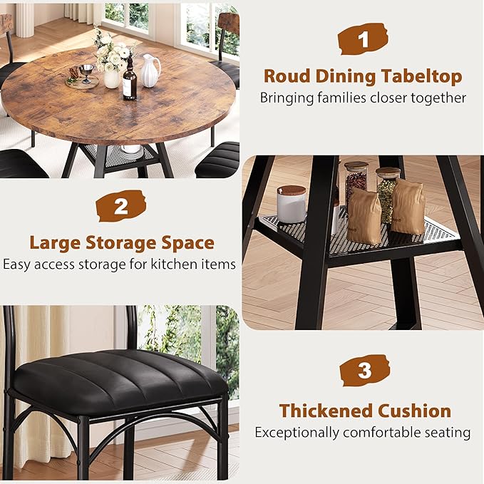 Round Dining Table Set for 4, Kitchen Table and Chairs for 4, Circle Table Round Pedestal Dining Room Dinner Dinette Table Set,5 Piece Space Saving Wood Kitchen & Dining Room Tables (Vintage, 42In)