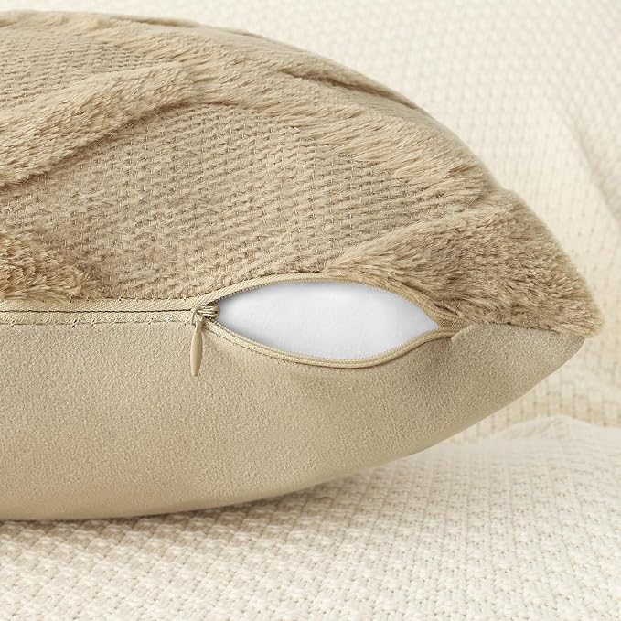 decorUhome Throw Pillow Covers 20x20 Inch Set of 2, Soft Plush Faux Fur Wool Khaki Couch Pillow Covers, Decorative Neutral Pillow Cases for Bed Sofa Living Room Home Decor