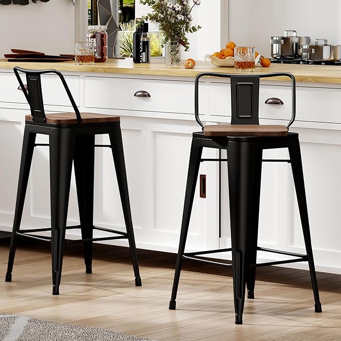 26 Inch Swivel Bar Stools Set of 2 with Backs Counter Height Industrial Metal Barstools Island Bar Chairs for Home Kitchen Dining Room (Swivel 26 inch,Matte Black Wooden)