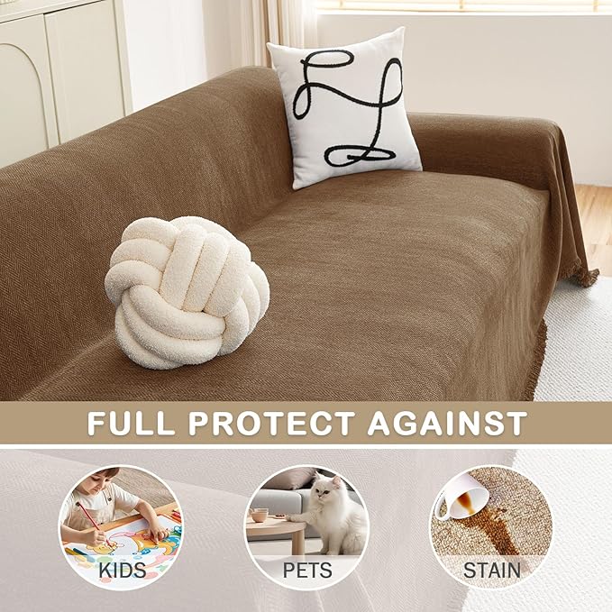 hyha Couch Cover for Dogs, Boho Sofa Covers for 3 Cushion Couch Washable, Chenille Sofa Slipcover for Pets, Soft Loveseat Sectional Couch Throw Blankets with Tassels (Chocolate, 88.5x150 Inch)