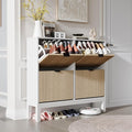 GarveeHome Fluted Shoe Storage Cabinet with 4 Flip Drawers, Narrow Wooden Shoe Organizer with Metal Legs, Modern Farmhouse Hidden Shoe Rack for Entryway, Hallway, White+Oak