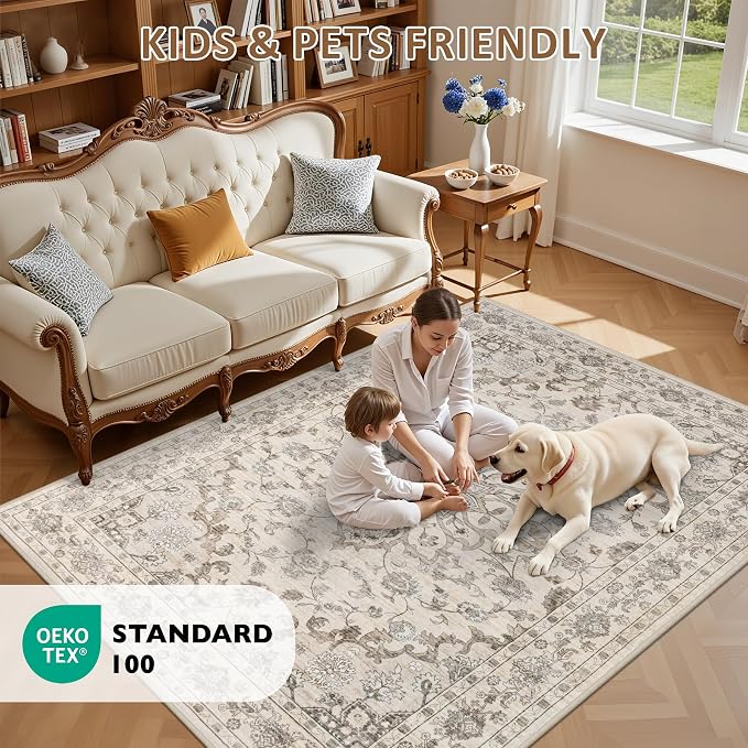 5x7 Area Rugs Living Room Rug: Washable Vintage Distressed Floral Rug No Slip - Image 9