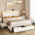 Full Bed Frame with 4 Storage Drawers Bed Frame Full Size with Headboard LED Lights Charging Station Metal Slats Platform Heavy-Duty Support No Box Spring Needed White