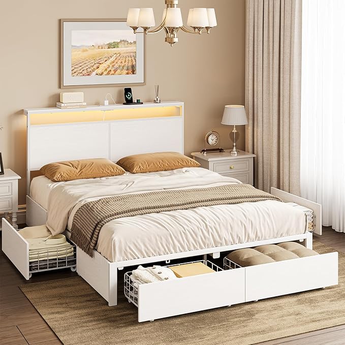 King Bed Frame with 4 Storage Drawers Bed Frame King Size with Headboard LED Lights Charging Station Metal Slats Platform Heavy-Duty Support No Box Spring Needed White