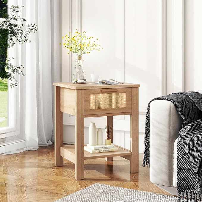 IBUYKE Rattan Nightstand Set of 2, Boho Night Stand with Drawer, Wood Bedside Tables with Storage Shelf, End Table with Legs for Bedroom, Natural UWNS011N-2
