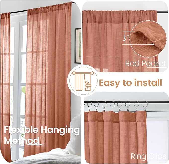 BGment Rust Terracotta Linen Kitchen Window Curtains 40 Inch Length, Short - Image 6