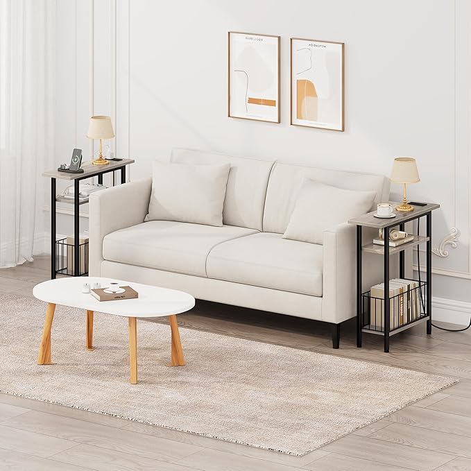 Vagusicc Narrow Side Table with Charging Station, Skinny Side End Table for Couch, 3-Tier Small End Tables for Small Spaces, 25.2" Tall Slim Nightstand Bedside Table for Living Room, Bedroom, Greige
