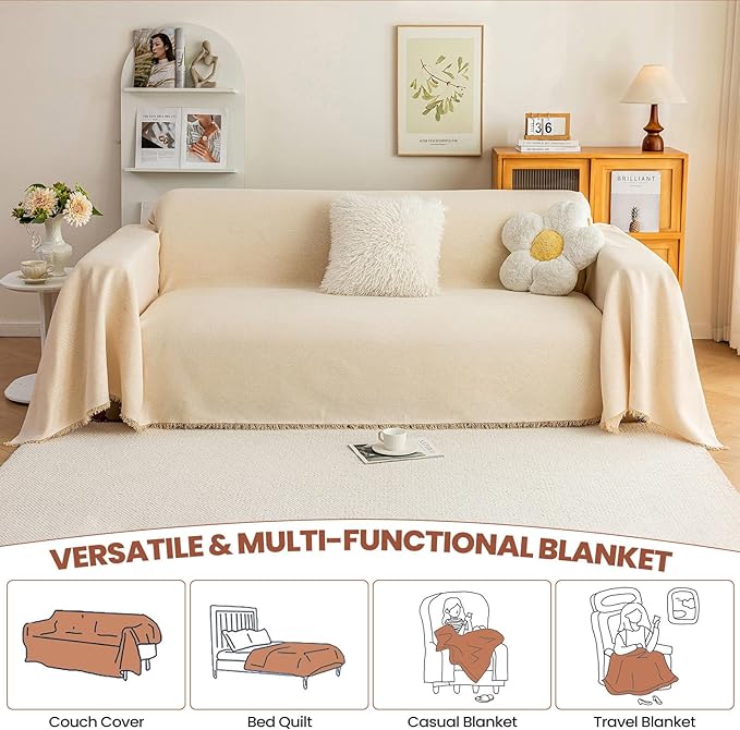 STACYPIK Thick Beige Jacquard Floral Couch Cover for Dogs, Washable Boho Couch Covers, Non Slip Couch Sofa Cover, Couch Cover 2 Cushion Sofa with Tassels, Furniture Protector for Living Room-71X118IN