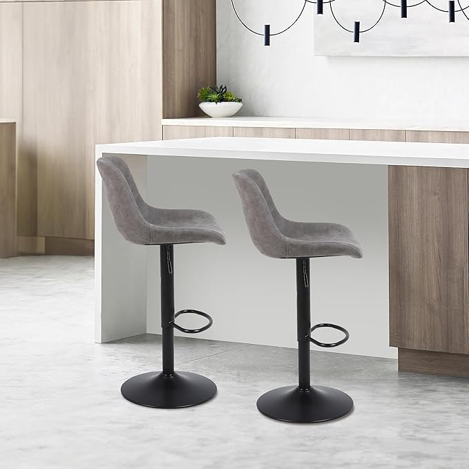Bar Stools, Swivel Counter Height Barstools with Back, Adjustable Modern Bar Chairs, Tall Armless PU Leather Kitchen Island Stool (Grey, Set of 2)