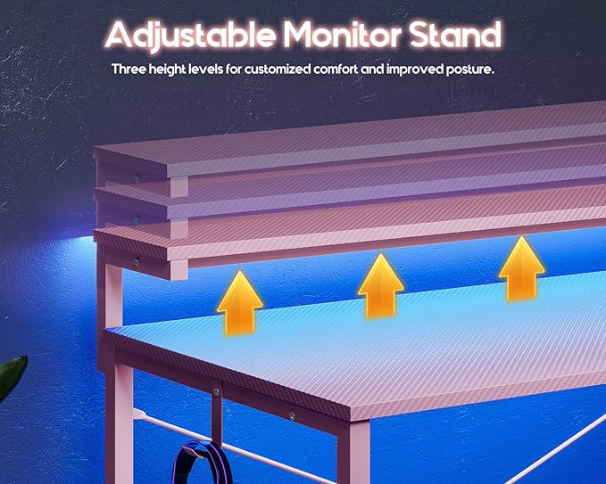 MOTPK 48 Inch Gaming Desk with Storage & Led Lights, Computer Desk with Power Outlet & Shelf, Reversible Gamer Desk with Adjustable Monitor Stand, Carbon Fiber Texture Pink
