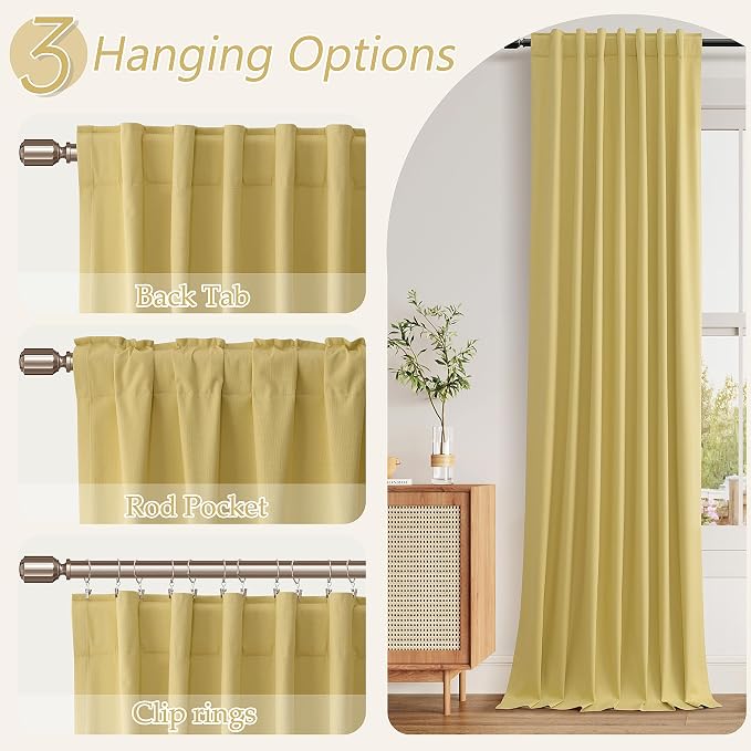 Guken Yellow 100% Blackout Linen Curtains 108 Inch Length 2 Panels Set - Image 6