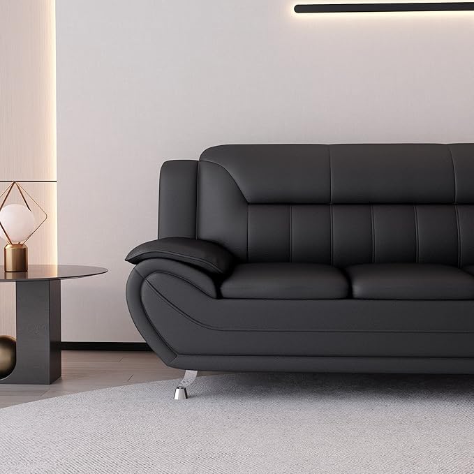 Container Furniture Direct Michael Modern Faux Leather Upholstered Stainless Steel Legs Living Room Sofa, Chair, Midnight Black