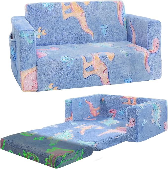 Toddler Couch,Toddler Chair,Extra Wider Seating,2-in-1 Baby Seat Furniture Fold Out, Convertible Sofa to Lounger Comfy Glow in The Dark Sofa Bed,Gifts for Kids Girl Boys,Dinosaur,Large