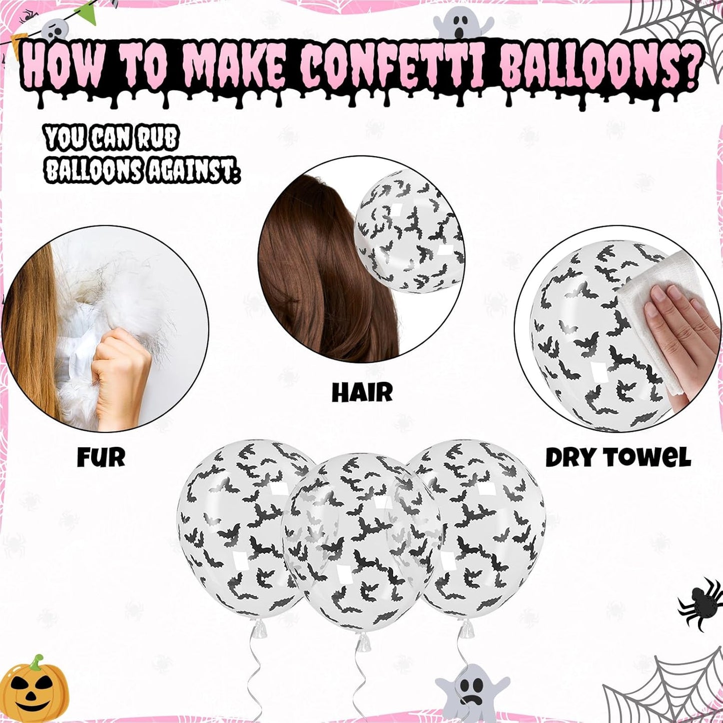 Pink Black Halloween Balloons Set, 50 Pcs White Spider Print Balloons, 12 Inch Pastel Pink Black and Orange Balloon Bat Confetti Balloon for Halloween Girls Night Decorations