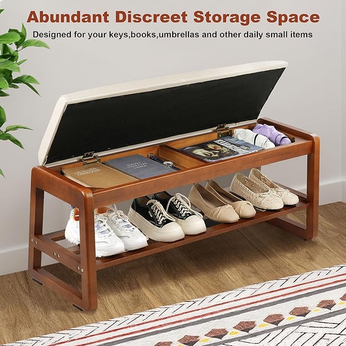 Shoe Bench Storage Rubberwood with Leather Cushion 31.5", Waterproof Easy to Clean 550LBS Organizer Shoe Rack for Entryway, Hallway, Mudroom, Front Door