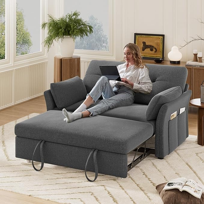 Vipbear 3-in-1 Chenille Convertible Sofa Bed, Pull Out Sleeper Sofa with Reclining Backrest & Side Pocket, Tool-Free Assembly, Folding Loveseat for Living Room, Apartment, Grey