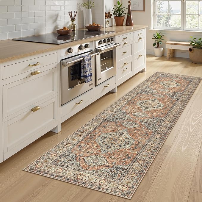 Lahome Oriental Washable Kitchen Runner Rug Non Slip, 2x8 Runners for Hallways with Rubber Backing, Vintage Soft Long Carpet for Bathroom Laundry Bedroom, Peach/Orange