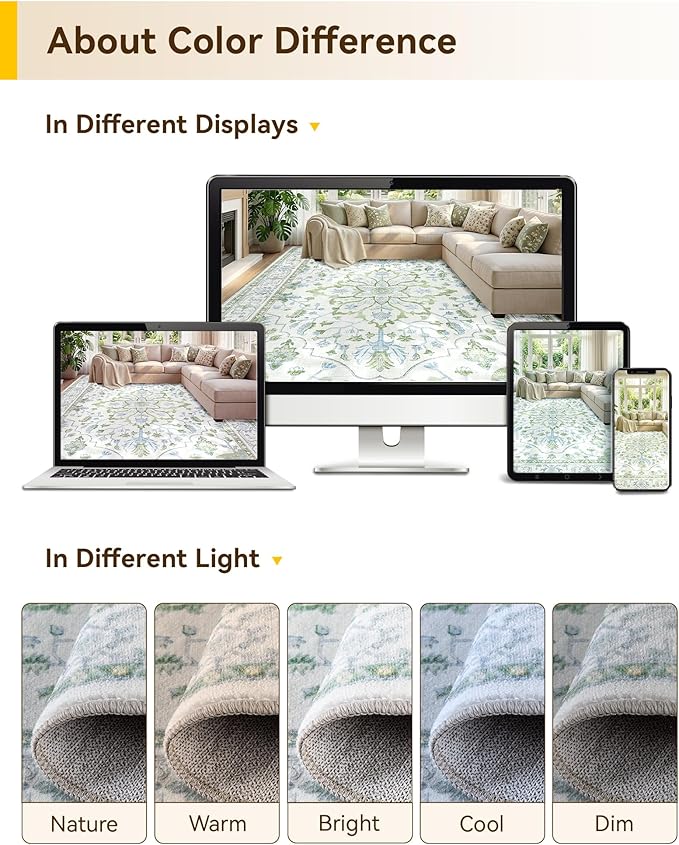 Area Rugs 8'x10' Washable Non-Slip, Floral Vintage Distress Print Pattern - Image 7