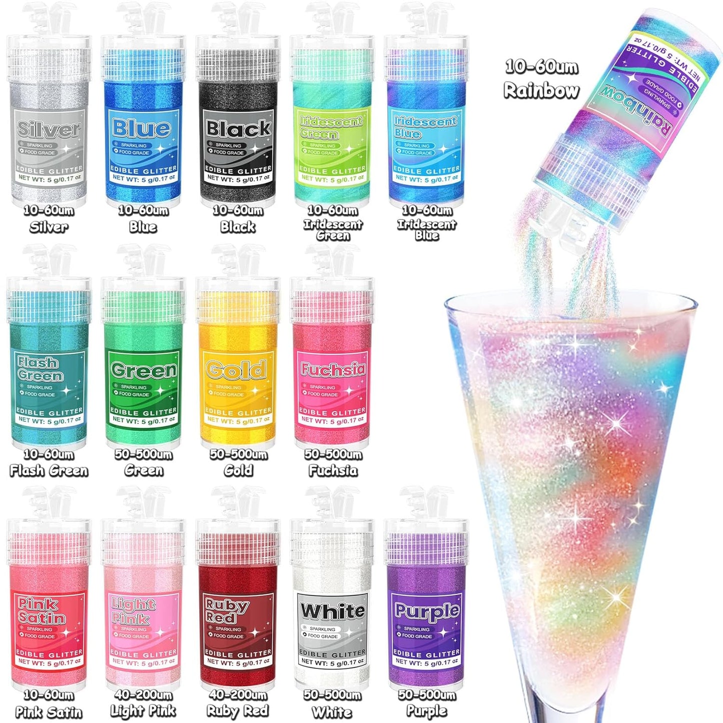Edible Glitter - 15 Popular Colors Edible Glitter for Cocktails, Food Grade Luster Dust, Iridescent Shimmer Powder for Cake Decorations, Drinks, Baking, Dessert - 3 Particle Sizes - 5g/Bottle
