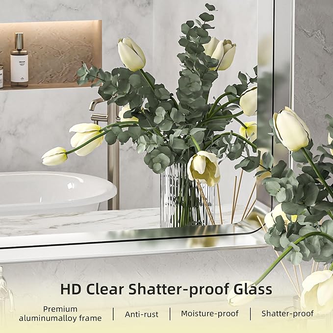 Hasipu Brushed Silver Bathroom Mirror 59x39 Inch Rounded Rectangle Vanity Mirror Metal Framed Wall Mirrors Anti-Rust Surface Mount (Horizontal/Vertical)