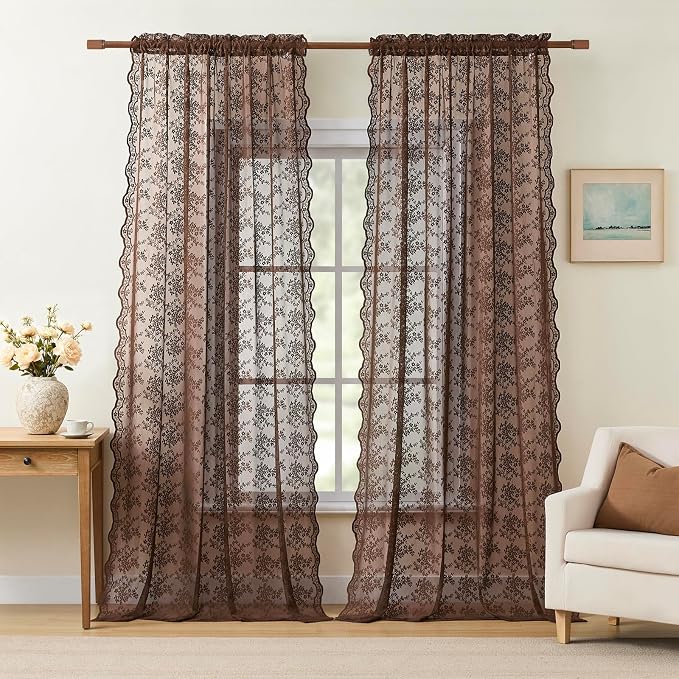 YJ YANJUN Vintage Lace Curtains 96 Inches Long-Victorian Floral Sheer Brown by YJYANJUN