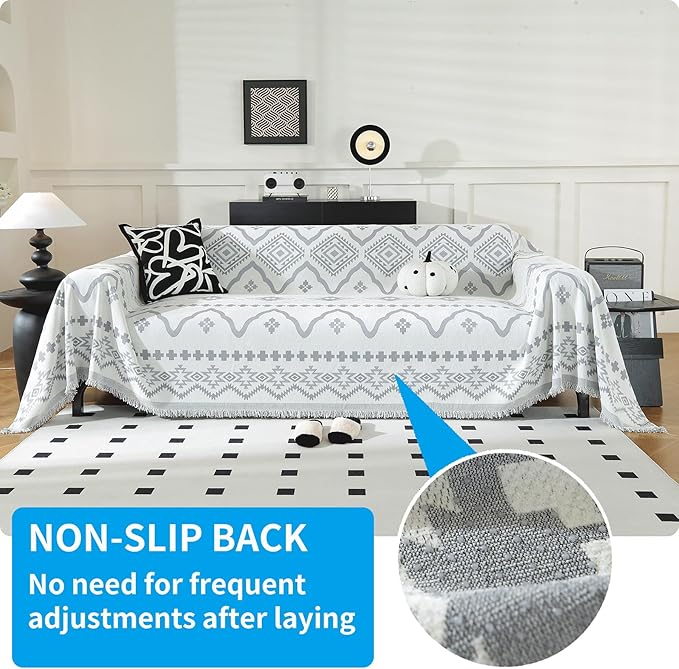 LUFEIJIASHI Boho Couch Covers for Sofa Non Slip Sofa Covers Washable Couch Covers for 3 Cushion Couch Sofa Pet Friendly Sectional Couch Cover Blanket Furniture Protector for Dogs (Grey, 71"x134")