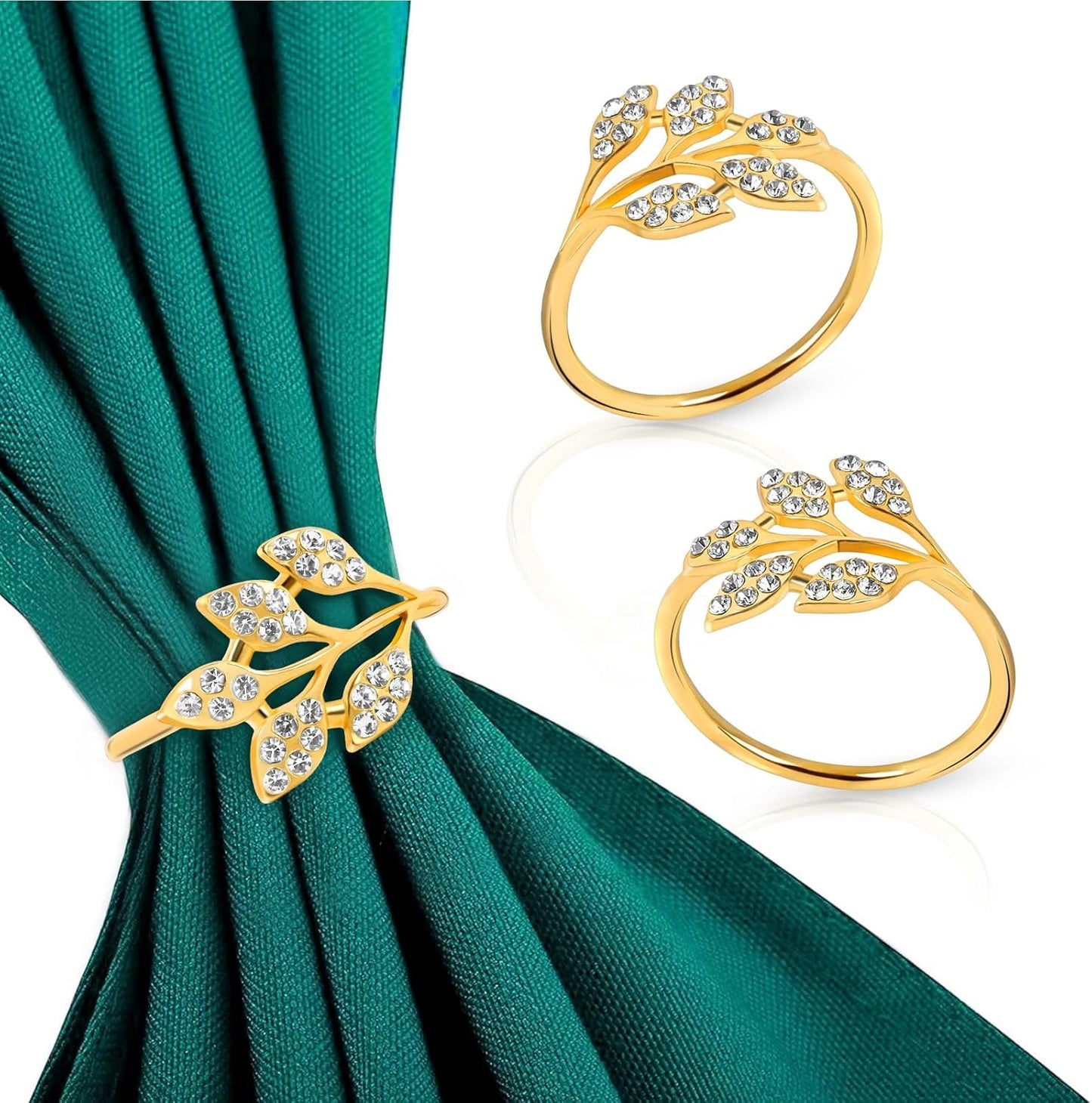 Gold Napkin Rings Set of 10,Napkin Rings Holder Buckles,Thanksgiving Christmas Napkin Ring Alloy Leaf Diamonds Napkin Ring for Dining Table Decor Wedding,Dinner Party Decorations White Diamonds 10pcs