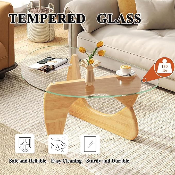 Mid Century Modern Glass Coffee Table, Small Coffee Table for Living Room, Elegant and Functional Coffee Tables, Suitable for Bedroom Living Room Reception Office Tables（Wood/Transparent，Small）