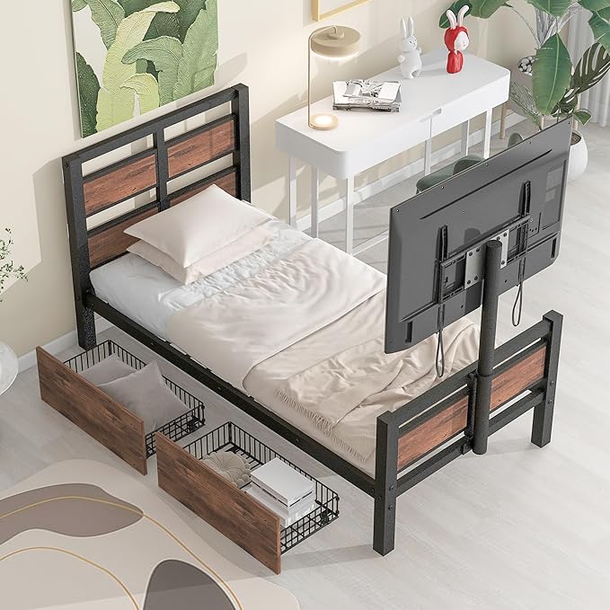 Twin Size Metal Platform Bed with MDF Headboard and Footboard,Two Storage Drawers and Rotatable TV Stand,Industrial Modern Bunk-Bed,No Box Spring Needed,for Juniors&Adults,Black