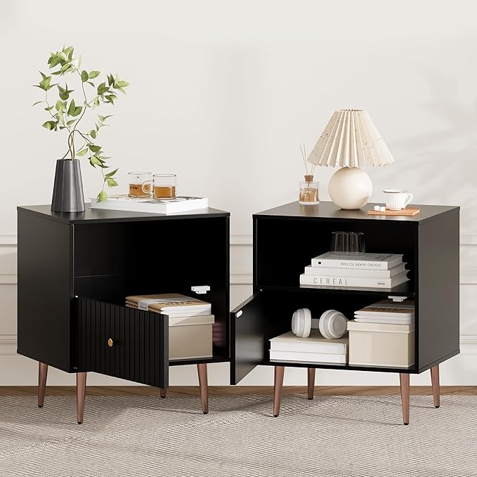 Black Night Stand Set 2,Modern Bedside Table with Door and Open Storage,Fluted Nightstand and Wood End Side Table with Rose Gold Metal Legs and Handles for Bedroom,Living Room,Black