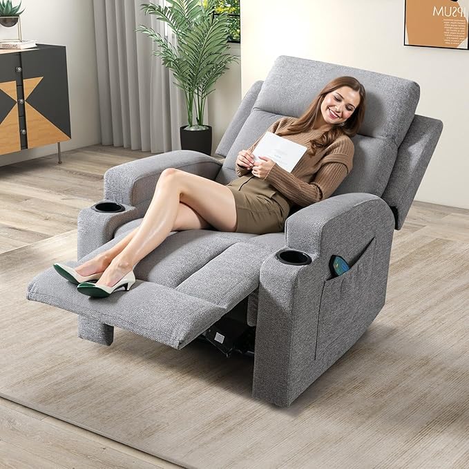 Phoenix Home Manual Recliner Chair Set of 2 with Massage and Heat, Ergonomic Overstuffed Breathable Fabric Recliner Single Sofa Seat with 2 Cup Holders, Living Room Lounge Recliners on Clearance, Gray