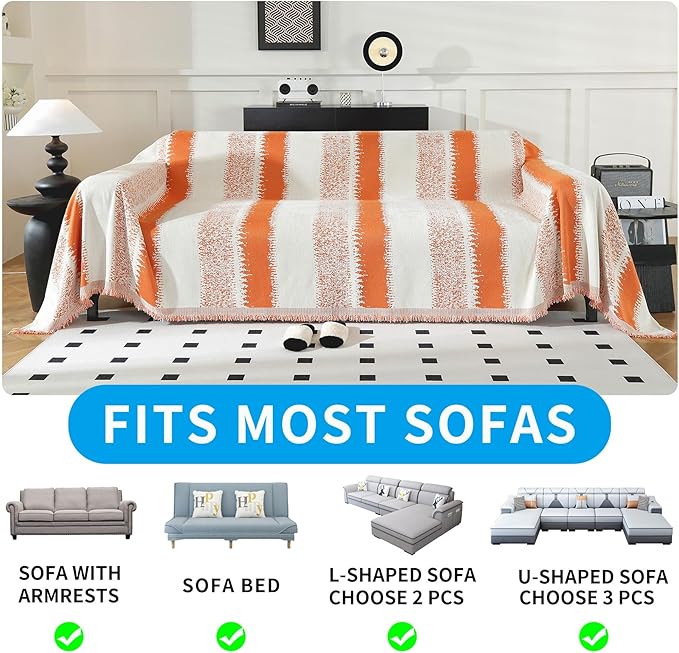 LUFEIJIASHI Boho Couch Covers for Sofa Non Slip Sofa Covers Washable Couch Covers for 3 Cushion Couch Sofa Pet Friendly Sectional Couch Cover Blanket Furniture Protector for Dogs (Orange, 91"x134")