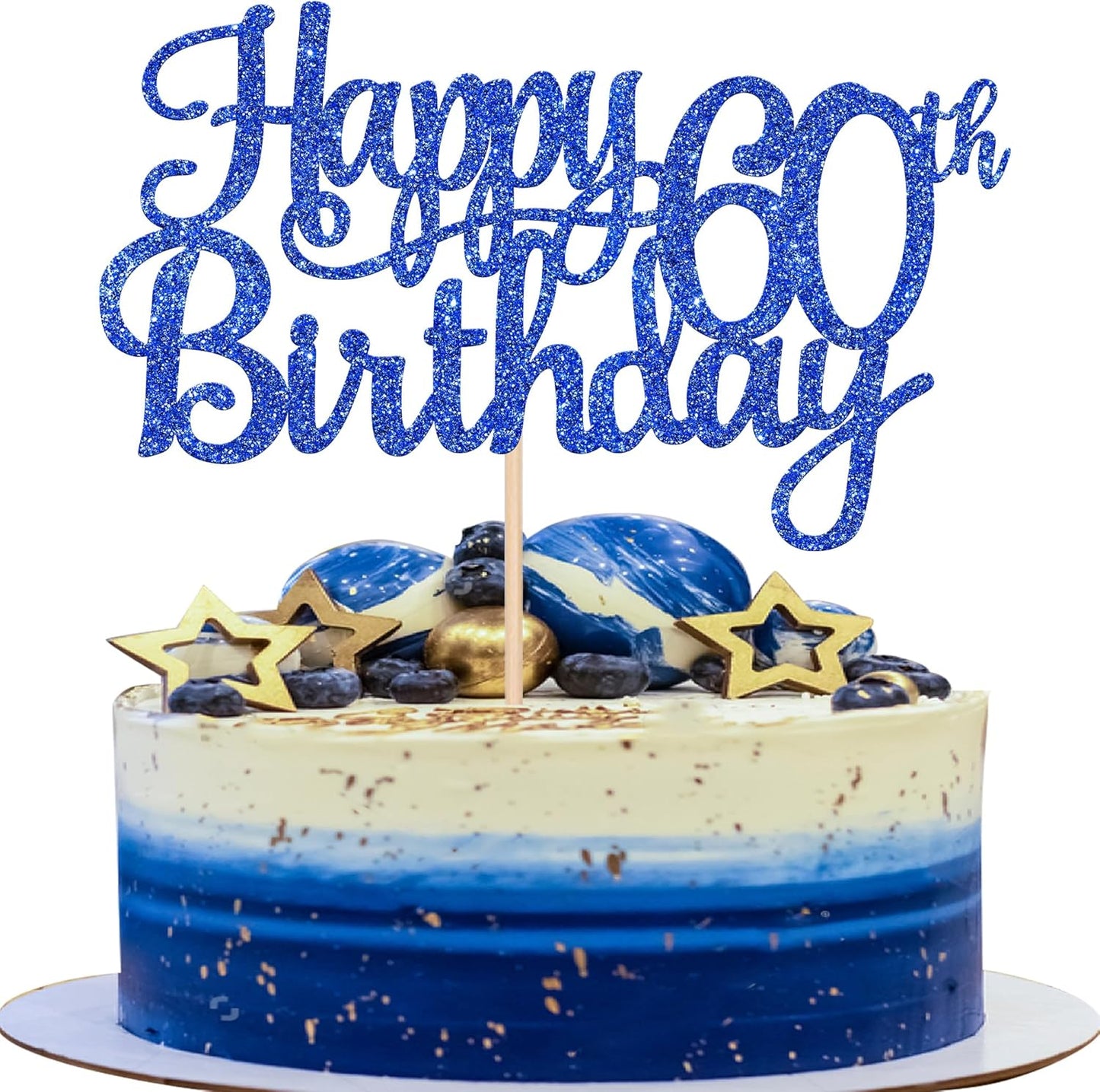 1 PCS Happy 60th Birthday Cake Topper Glitter Cheers to 60 Years Birthday Cake Pick 60 Fabulous Cake Decoration for Happy 60th Birthday Anniversary Party Decorations Supplies Blue
