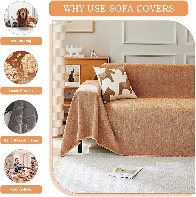 STACYPIK Orange Sofa Cover, Modern Chenille Couch Cover for Dogs, Furniture Protector for 2 Cushion Couch Multi-Use Couch Cover for Sectional Pet-Friendly, Non-Slip Loveseat Cover with Tassel-71X118IN