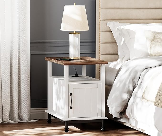 WAMPAT Narrow End Table with Charging Station, Farmhouse Side Table with Open Storage & Storage Cabinet for Living Room, Wooden Nightstand for Bedroom with Metal Legs, White/Oak
