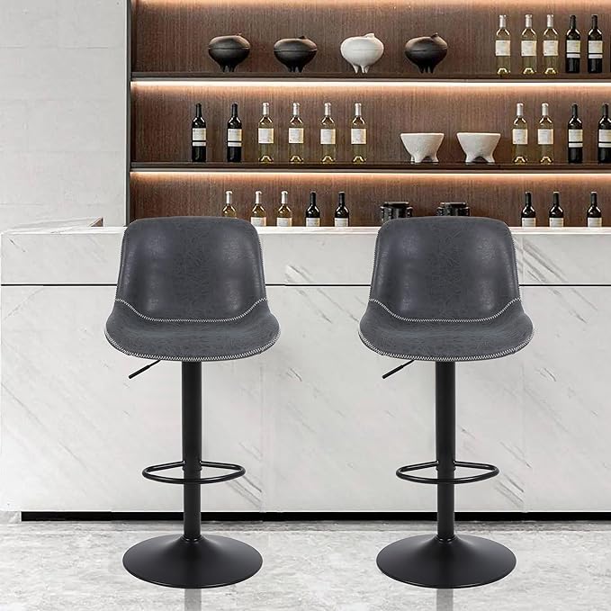 Bar Stools Set of 2, Swivel Counter Height Barstools with Back, Adjustable Bar Chairs, Tall Armless PU Leather Kitchen Island Stool (Black)