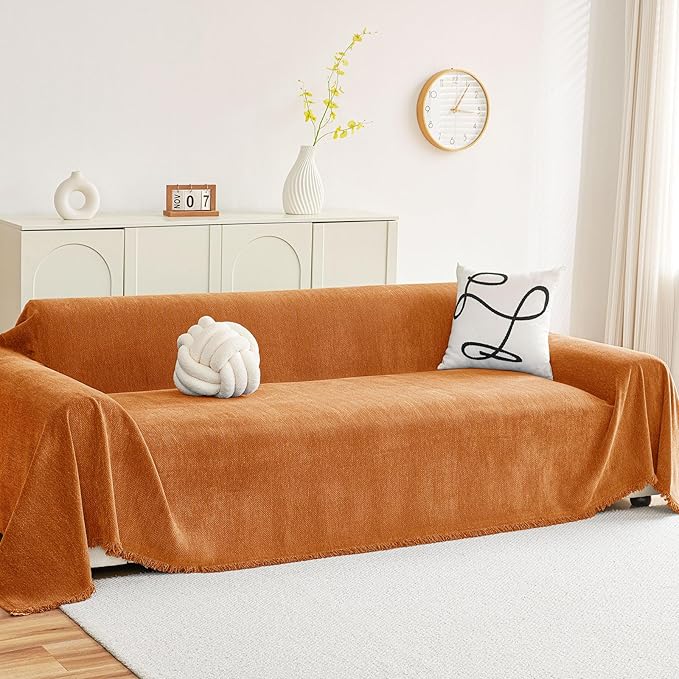hyha Couch Cover for Dogs, Boho Sofa Covers for 3 Cushion Couch Washable, Chenille Sofa Slipcover for Pets, Soft Loveseat Sectional Couch Throw Blankets with Tassels (Orange, 71x134 Inch)