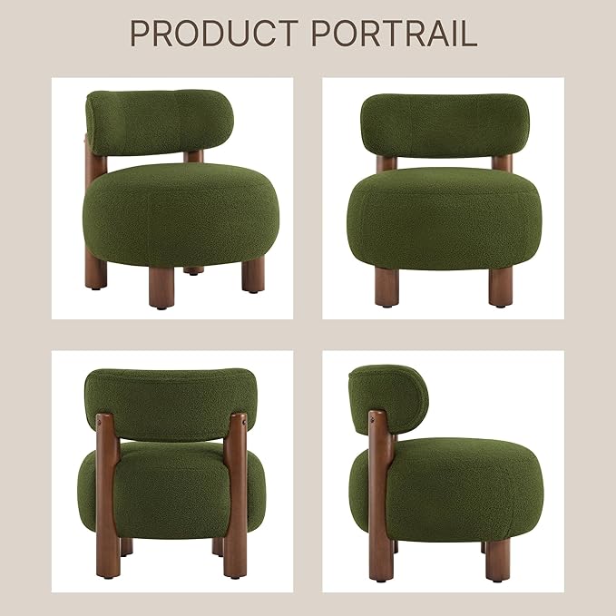 Modern Boucle Accent Chair Set of 2, with Plush Faux Sherpa Upholstery, Curved Backrest, Solid Wood Legs for Living Room Bedroom Reading Nook, 27.5", Green