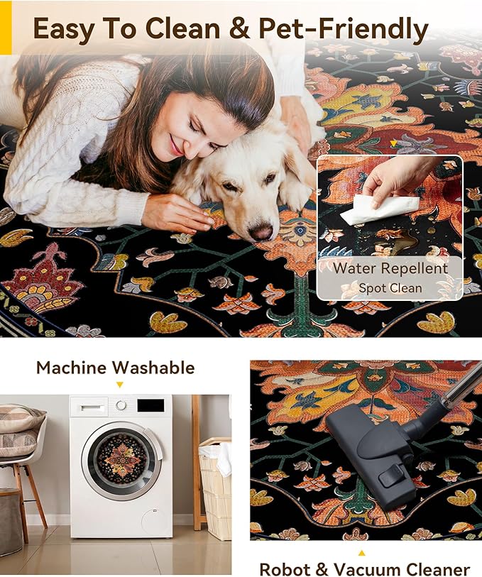Area Rugs 6ft Washable Non-Slip, Floral Vintage Distress Print Pattern - Image 5