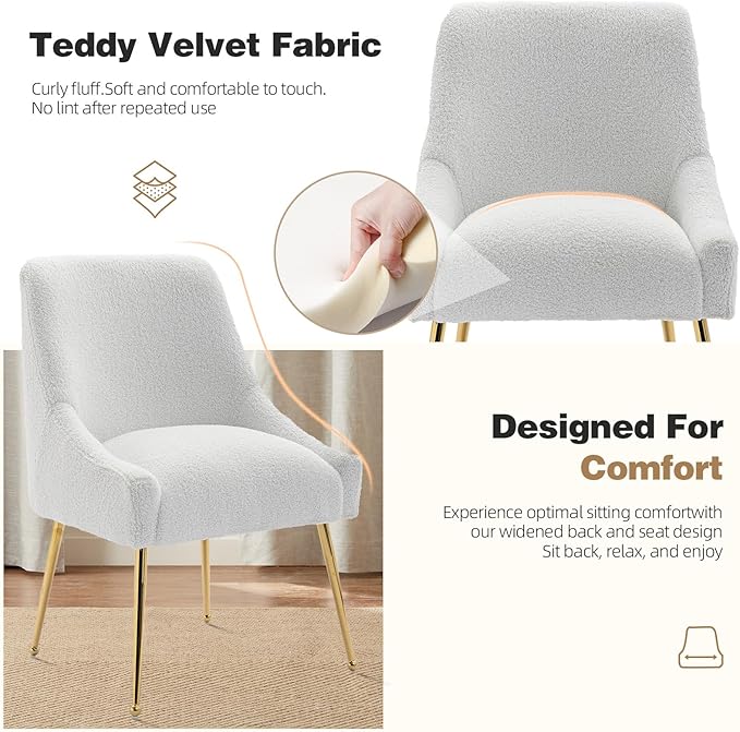 Dining Chairs Medieval Modern Restaurant Chairs, Soft Cushions, Teddy Velvet, Polished Gold Metal Legs, Kitchen Chairs, Living Room White 4-Piece Set