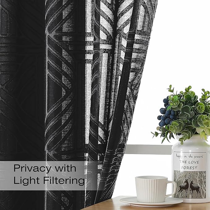 Simplebrand Semi Sheer Black Curtains 78 Inch Length 2 Panels, Geometric - Image 3