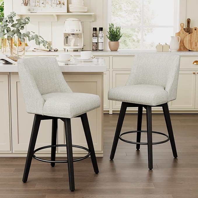 Vipbear Swivel Counter Height Bar Stools Set of 6,26.8" H Counter Stools with Back, Mid Century Modern Bar Stools for Kitchen Island,Linen Fabric,Wooden Base, White