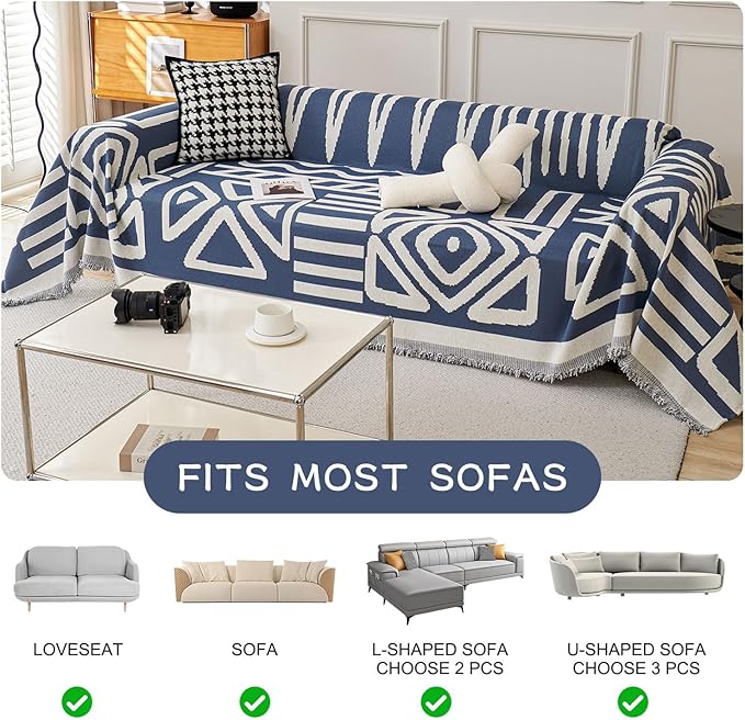 STACYPIK Modern Boho Couch Covers, Non Slip Blue Geometric Sofa Cover for Loveseat, Washable Furniture Protector for 3 Cushion Couch, Anti Slip Reversible Jacquard Couch Throw Covers for Sofa-71X150IN