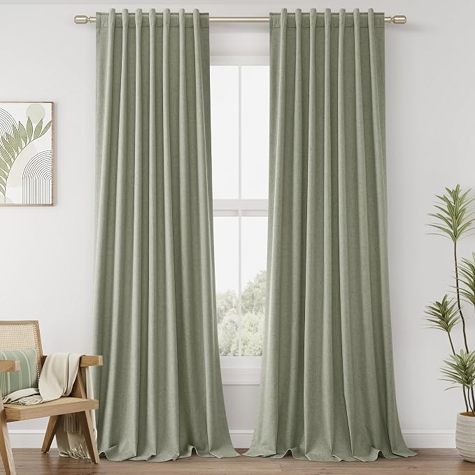 Sage Green 100% Blackout Linen Curtains 144 Inch Length 2 Panels Set by Guken
