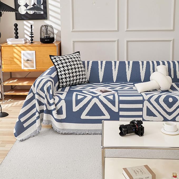 HANDONTIME Boho Couch Covers for Sofa Chenille Sofa Covers Washable Sectional Sofa Cover Blanket Geometric Reversible Couch Cover for L Shaped Couch Couch Protector for Dogs, 91" X118", Denim Blue